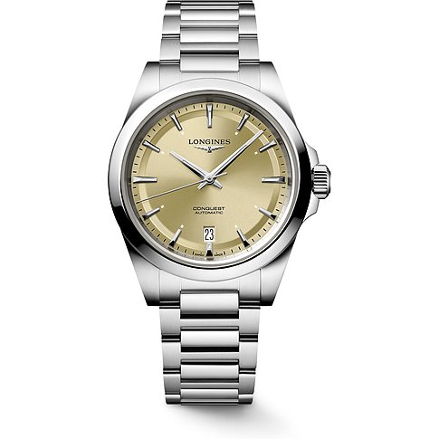 Longines Herrenuhr mit Edelstahlgehäuse, goldfarbenes Zifferblatt und Datumsanzeige.