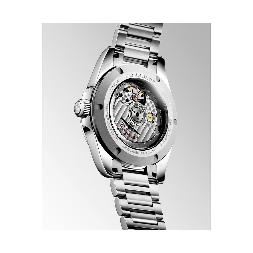 Longines Herrenuhr mit Edelstahlgehäuse und Sichtboden.