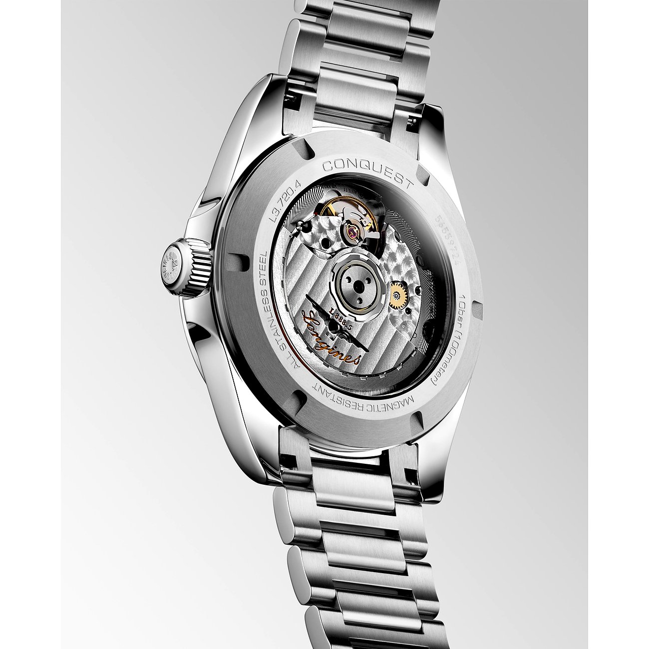 Longines Herrenuhr mit Edelstahlgehäuse und Sichtboden.