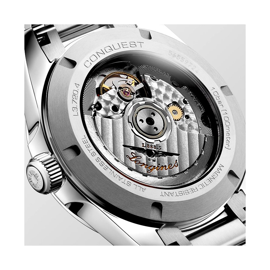 Longines Herrenuhr mit Edelstahlgehäuse und Sichtboden.