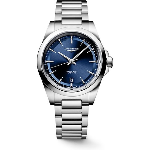 Longines Herrenuhr aus Edelstahl mit blauem Zifferblatt und Datumsanzeige.