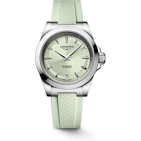 Longines Damenuhr mit Edelstahlgehäuse, hellem Zifferblatt und hellem Band.
