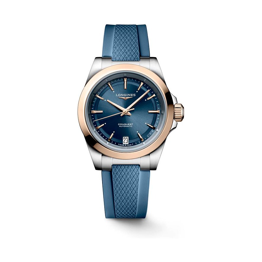 Longines Damenuhr Conquest L34305929, Damen, Edelstahl, 750er Roségold, Armband: Kautschuk, Automatik, analog