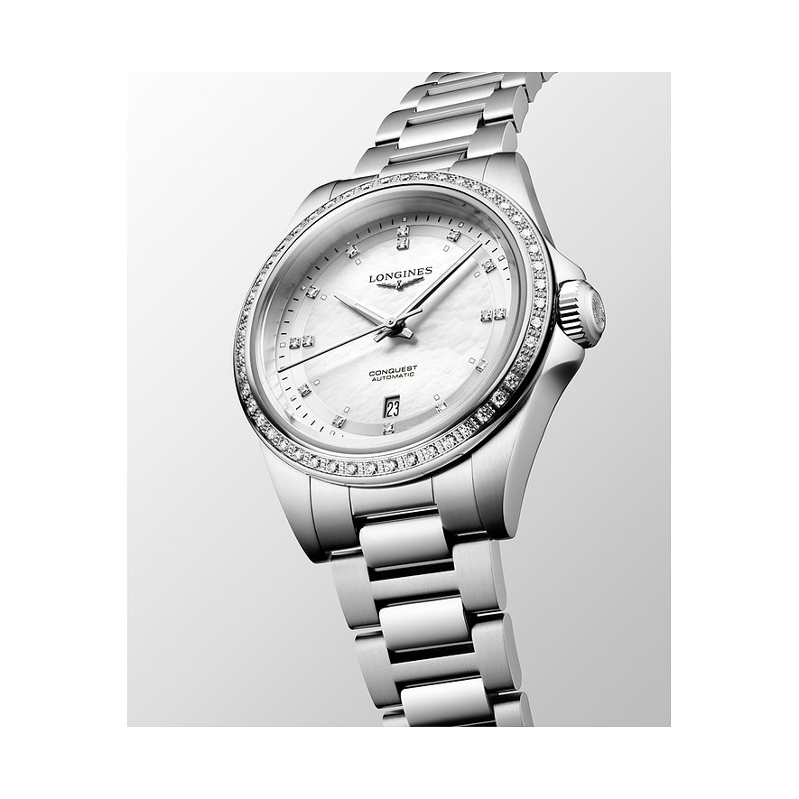 Longines Damenuhr aus Edelstahl mit Diamanten, analog, Datumsanzeige.