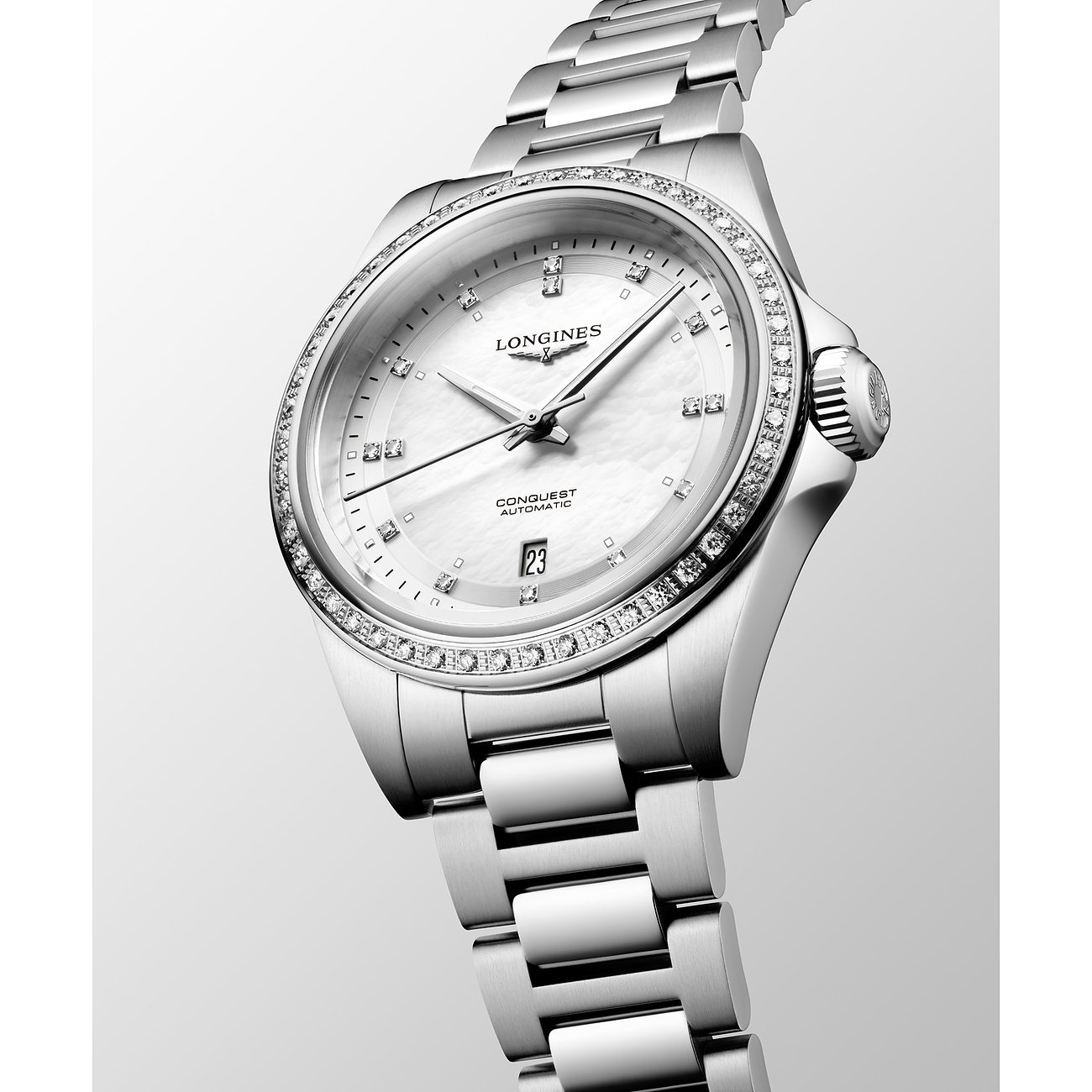Longines Damenuhr aus Edelstahl mit Diamanten, analog, Datumsanzeige.