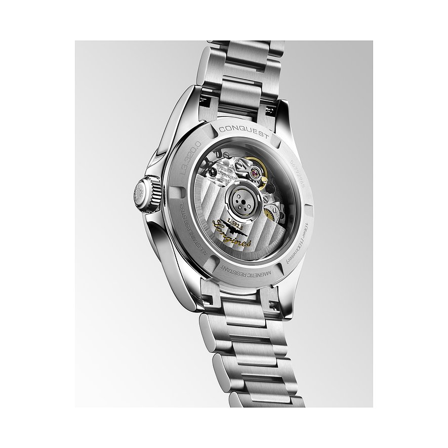 Longines Damenuhr aus Edelstahl mit Diamanten, analoges Zifferblatt.