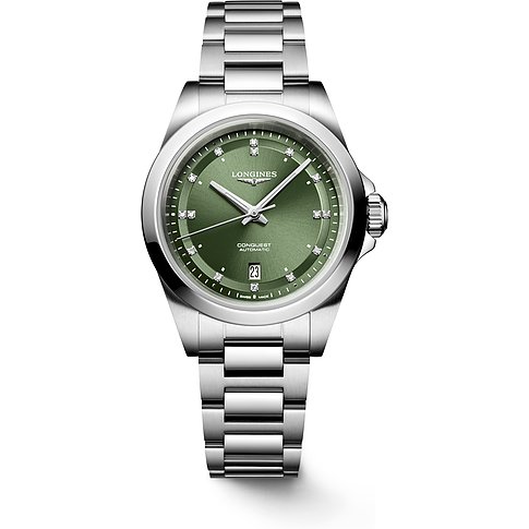 Longines Conquest Damenuhr aus Edelstahl mit Diamanten und grünem Zifferblatt.