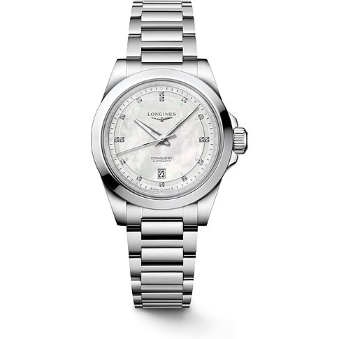 Longines Damenuhr mit Edelstahlgehäuse, Perlmuttzifferblatt und Diamanten.