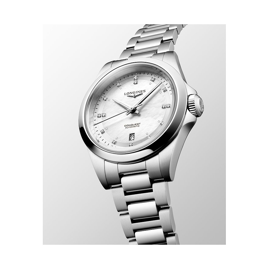 Longines Conquest Damenuhr aus Edelstahl mit Diamanten, analog, mit Datumsanzeige.