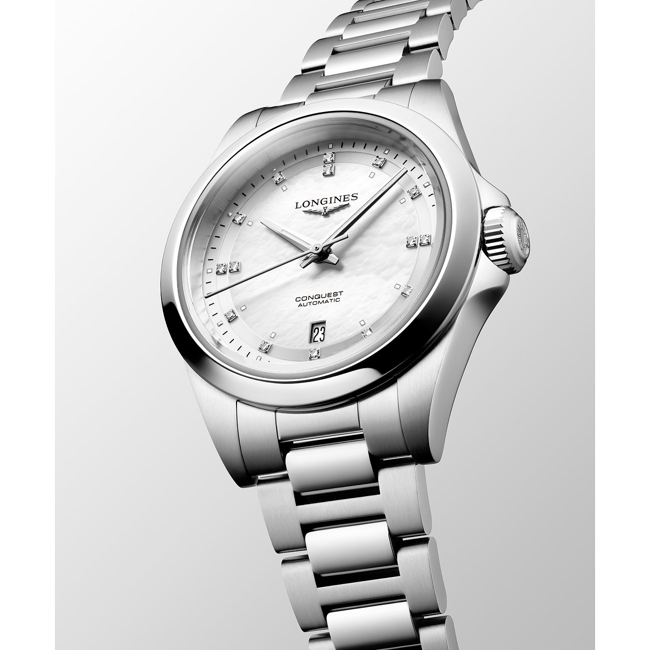 Longines Conquest Damenuhr aus Edelstahl mit Diamanten, analog, mit Datumsanzeige.