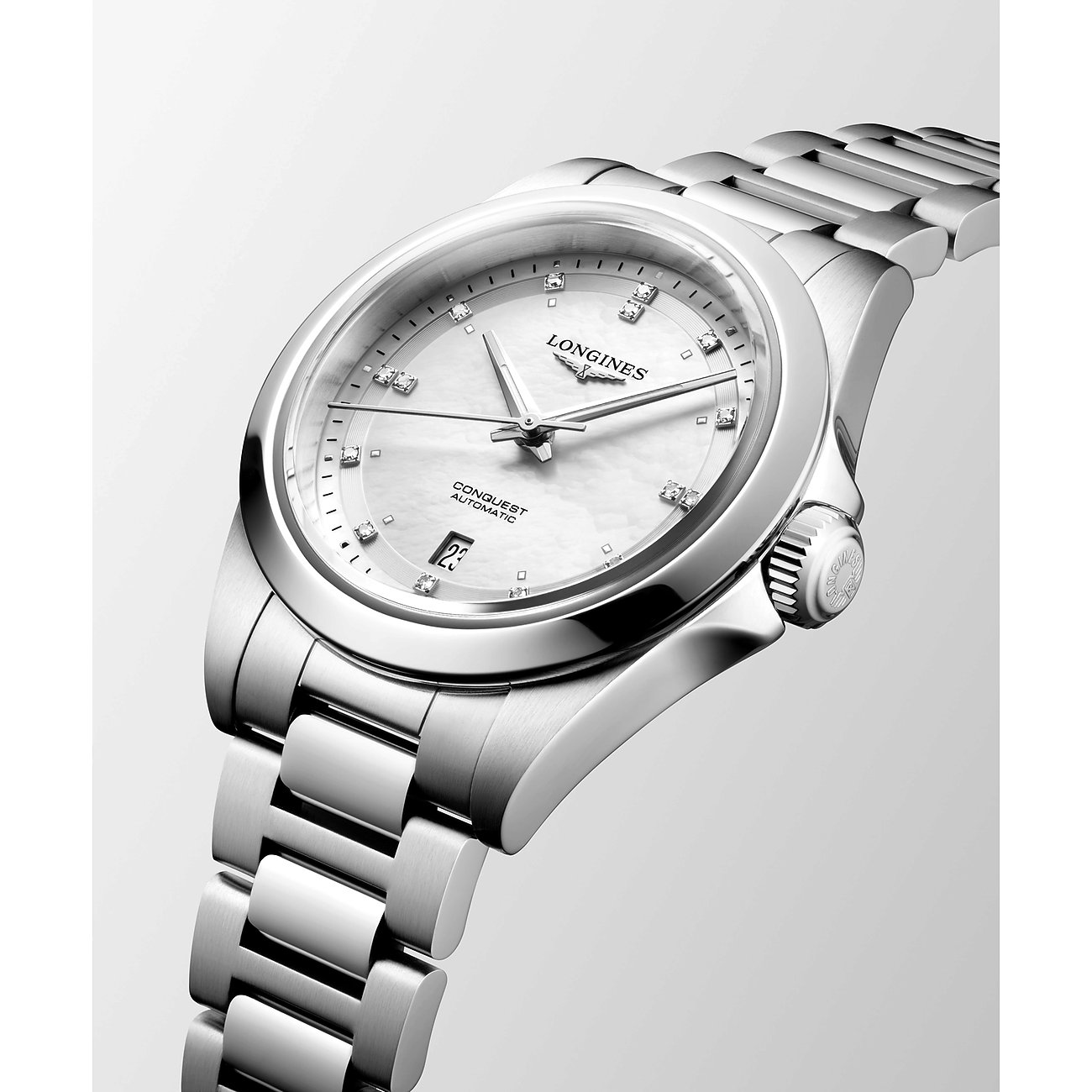 Longines Damenuhr aus Edelstahl mit Diamanten, analog, mit Datumsanzeige.