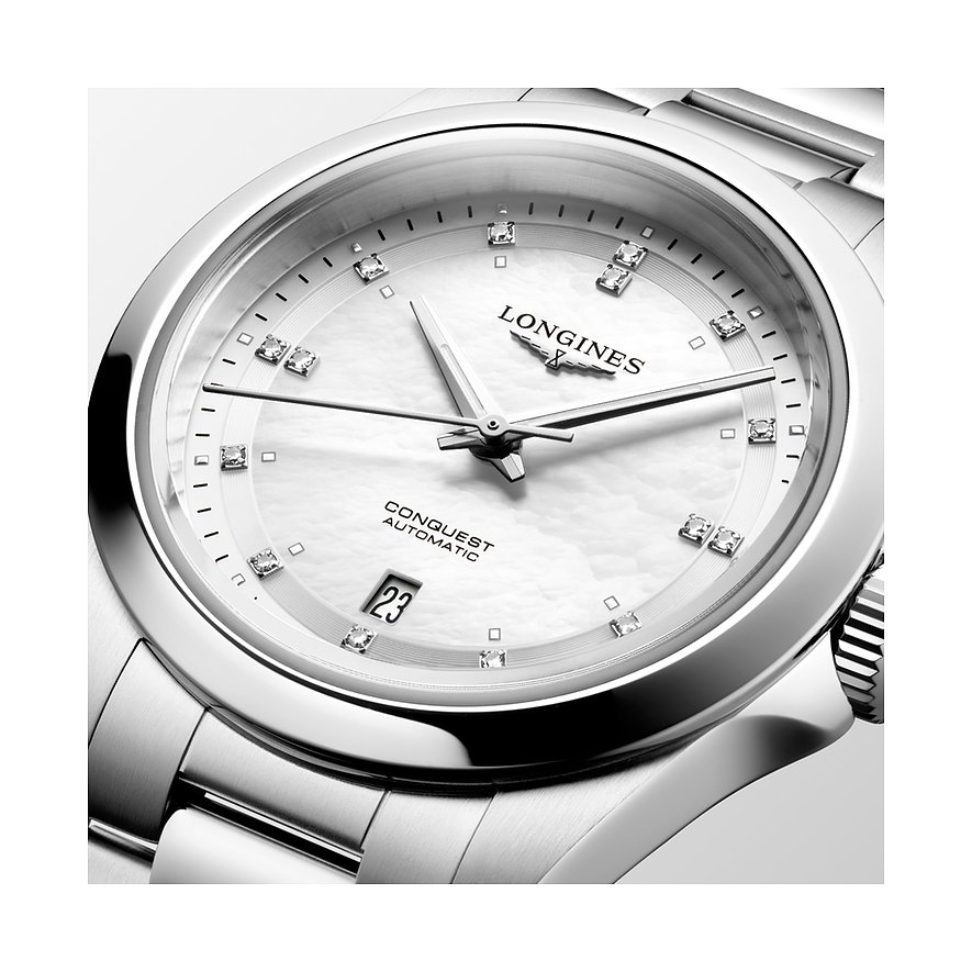 Longines Damenuhr aus Edelstahl mit Diamanten, analog, Datum.