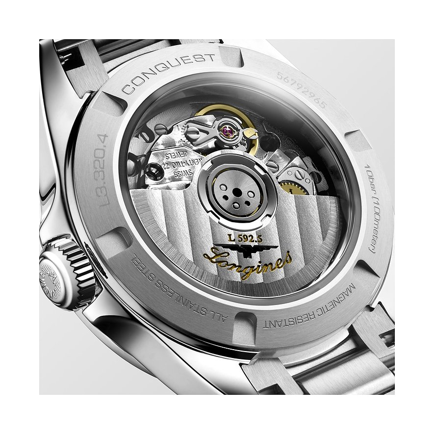 Longines Damenuhr aus Edelstahl mit sichtbarem Automatikwerk und Diamanten.