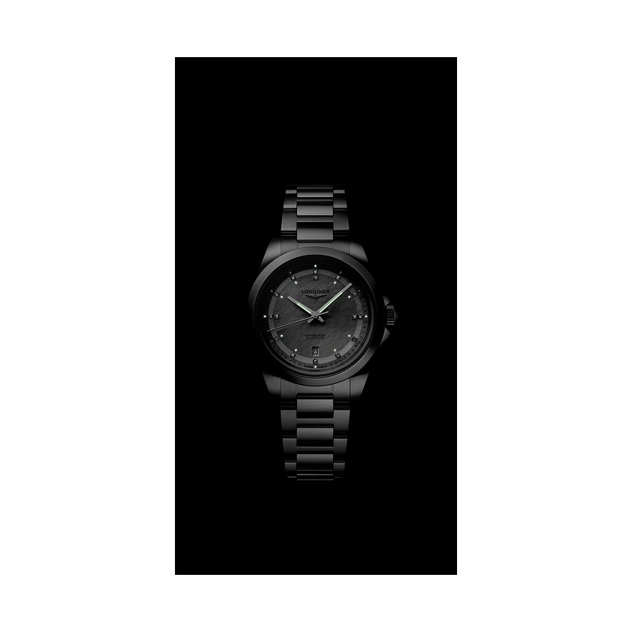 Longines Damenuhr aus Edelstahl mit Diamanten und analoger Anzeige.