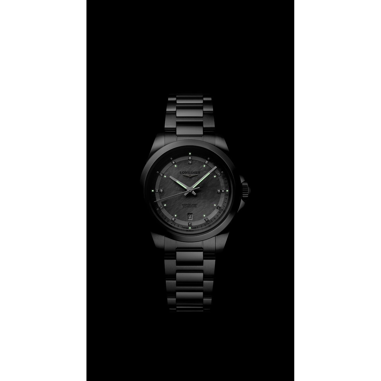 Longines Damenuhr aus Edelstahl mit Diamanten und analoger Anzeige.