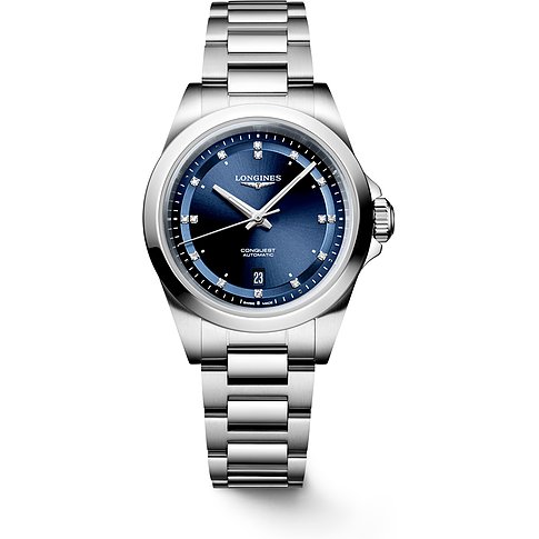 Longines Conquest Damenuhr aus Edelstahl mit Diamanten und blauem Zifferblatt.