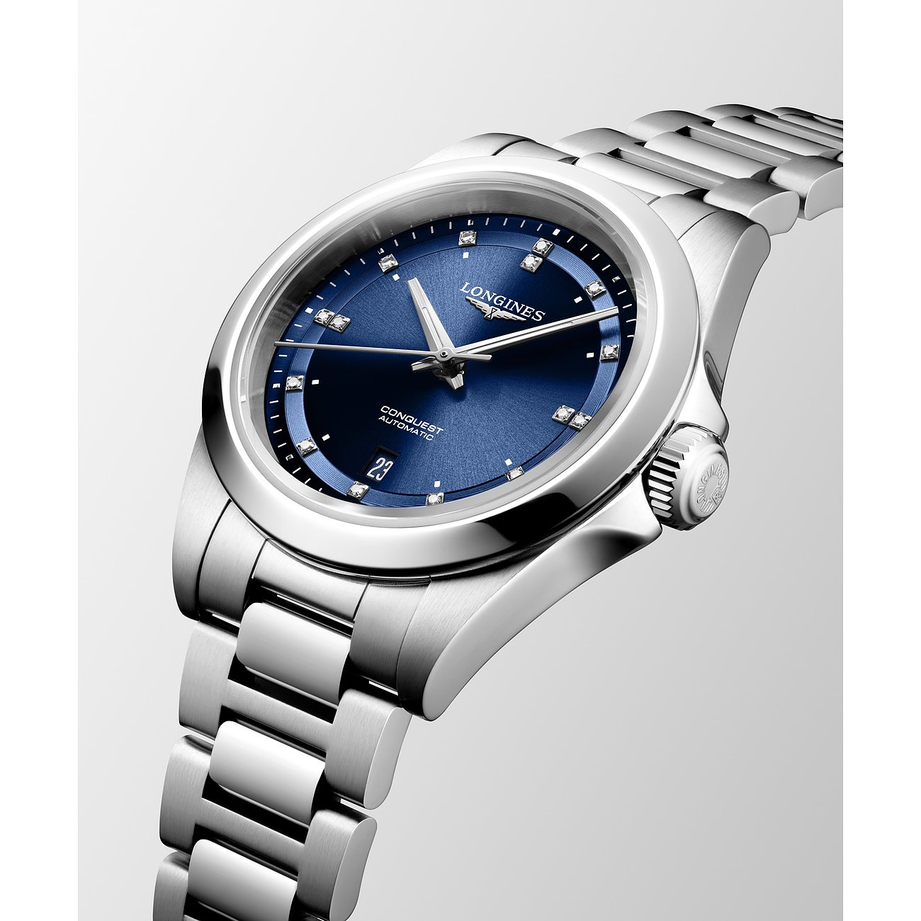 Longines Damenuhr aus Edelstahl mit Diamanten und blauem Zifferblatt.