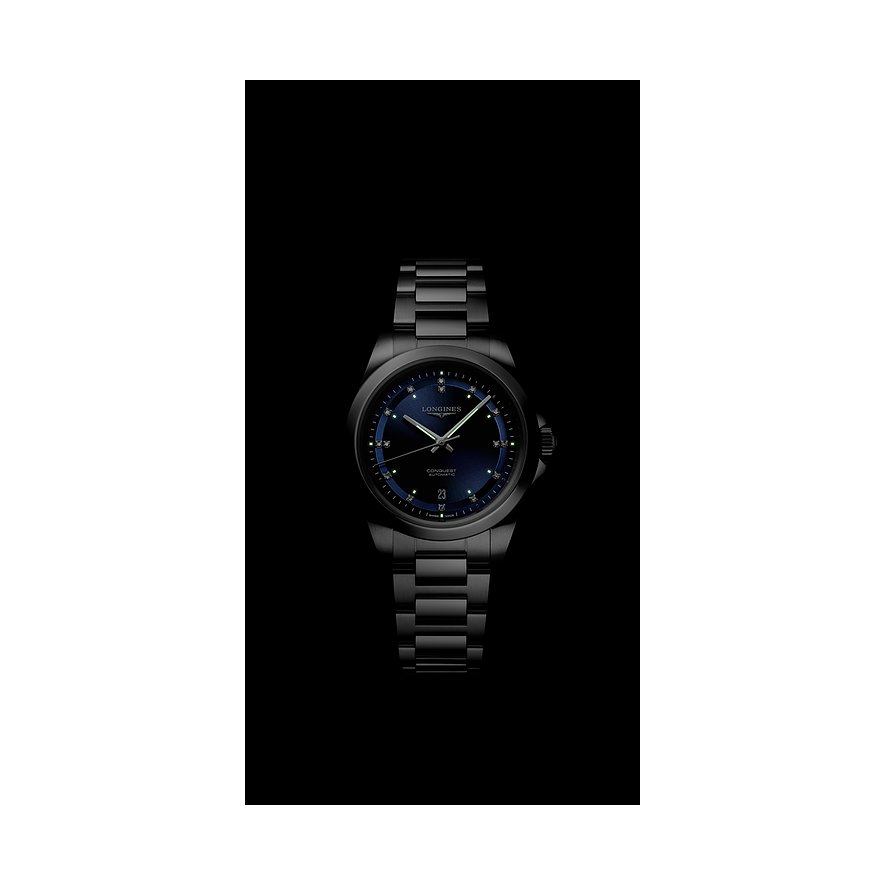 Longines Damenarmbanduhr aus Edelstahl mit Diamanten, blauem Zifferblatt und Datumsanzeige.