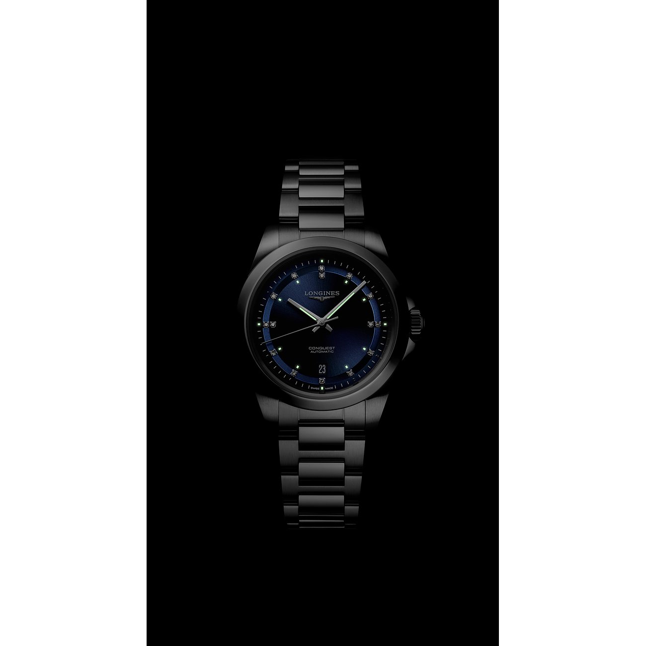 Longines Damenarmbanduhr aus Edelstahl mit Diamanten, blauem Zifferblatt und Datumsanzeige.