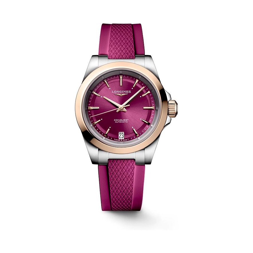 Longines Damenuhr Conquest L34305989, Damen, Edelstahl, 750er Roségold, Armband: Kautschuk, Automatik, analog