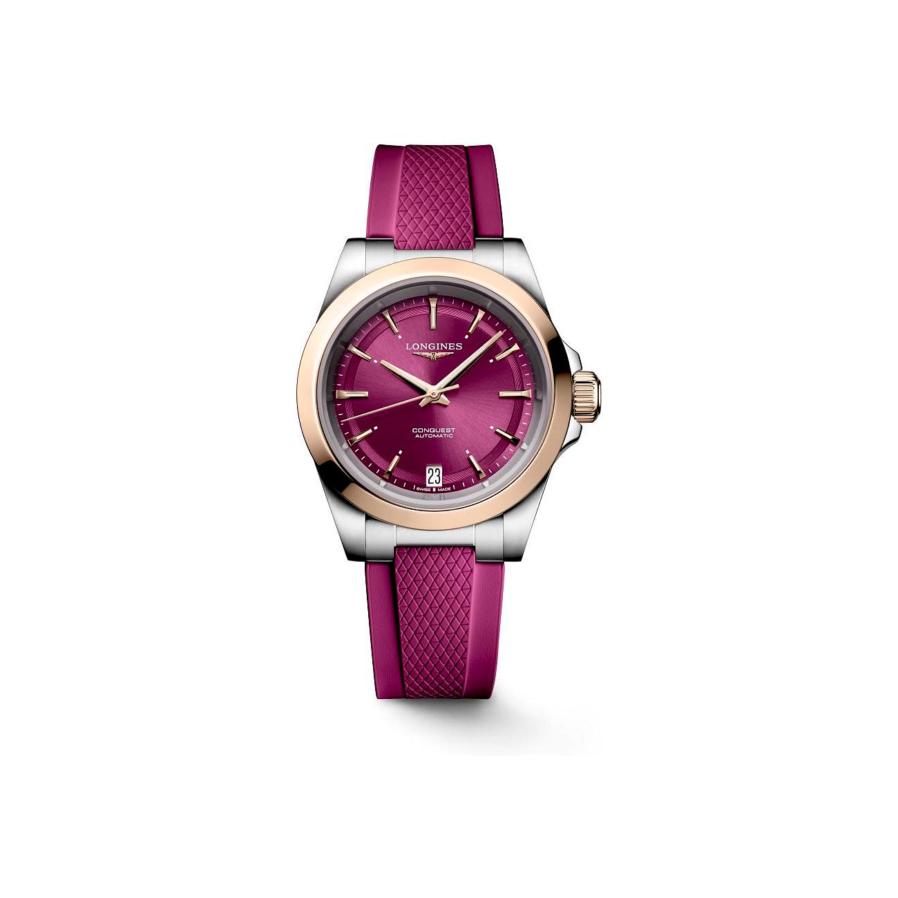 Longines Damenarmbanduhr mit Edelstahlgehäuse, Roségold-Lünette und pinkem Armband.