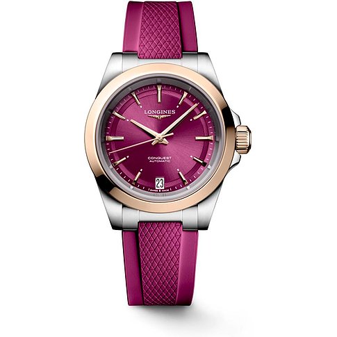 Longines Damenarmbanduhr mit Edelstahlgehäuse, Roségold-Lünette und pinkem Armband.