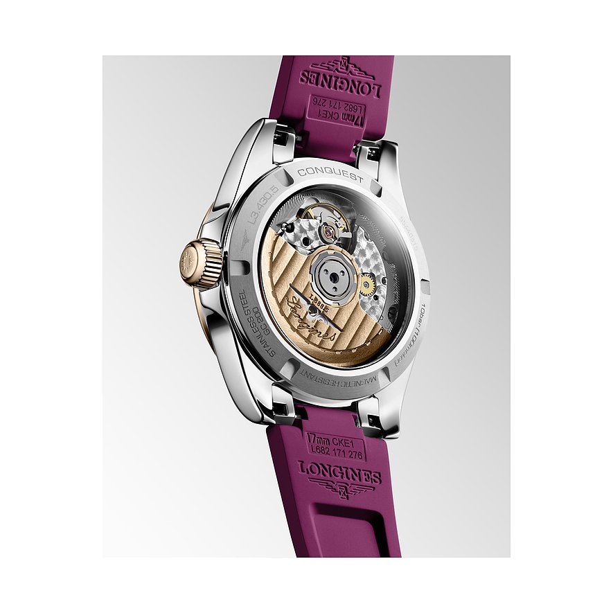 Longines Conquest Damenuhr mit Edelstahlgehäuse und Roségold-Elementen, lila Band.