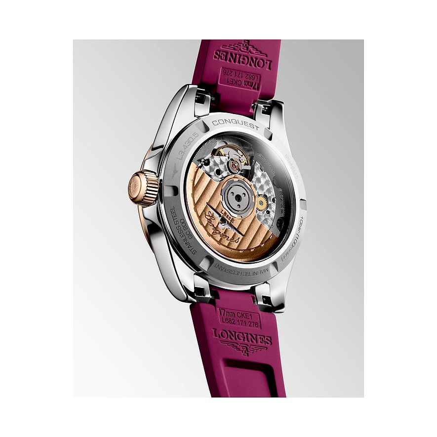 Longines Conquest Damenuhr mit Edelstahlgehäuse und Roségolddetails, Automatikwerk.
