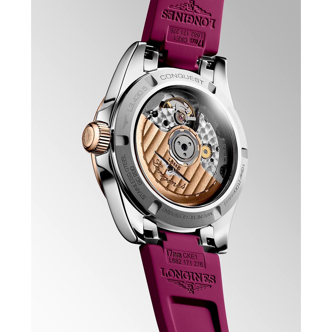 Longines Conquest Damenuhr mit Edelstahlgehäuse und Roségolddetails, Automatikwerk.