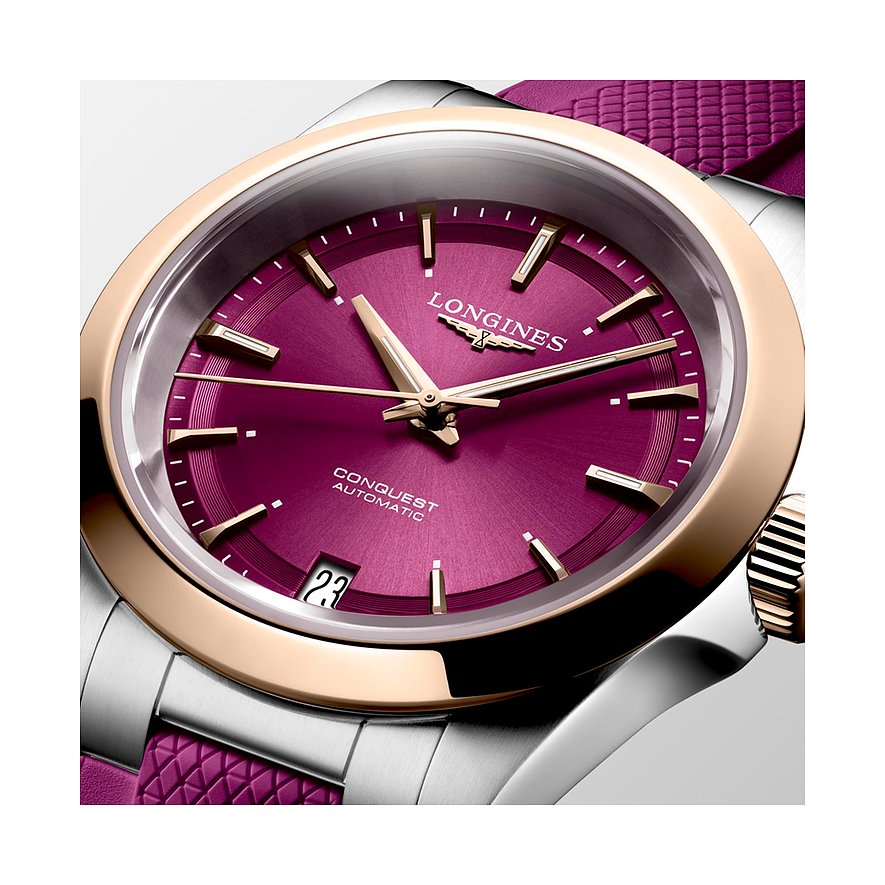 Longines Damenuhr aus Edelstahl und 750 Roségold, analog, mit Datumsanzeige.