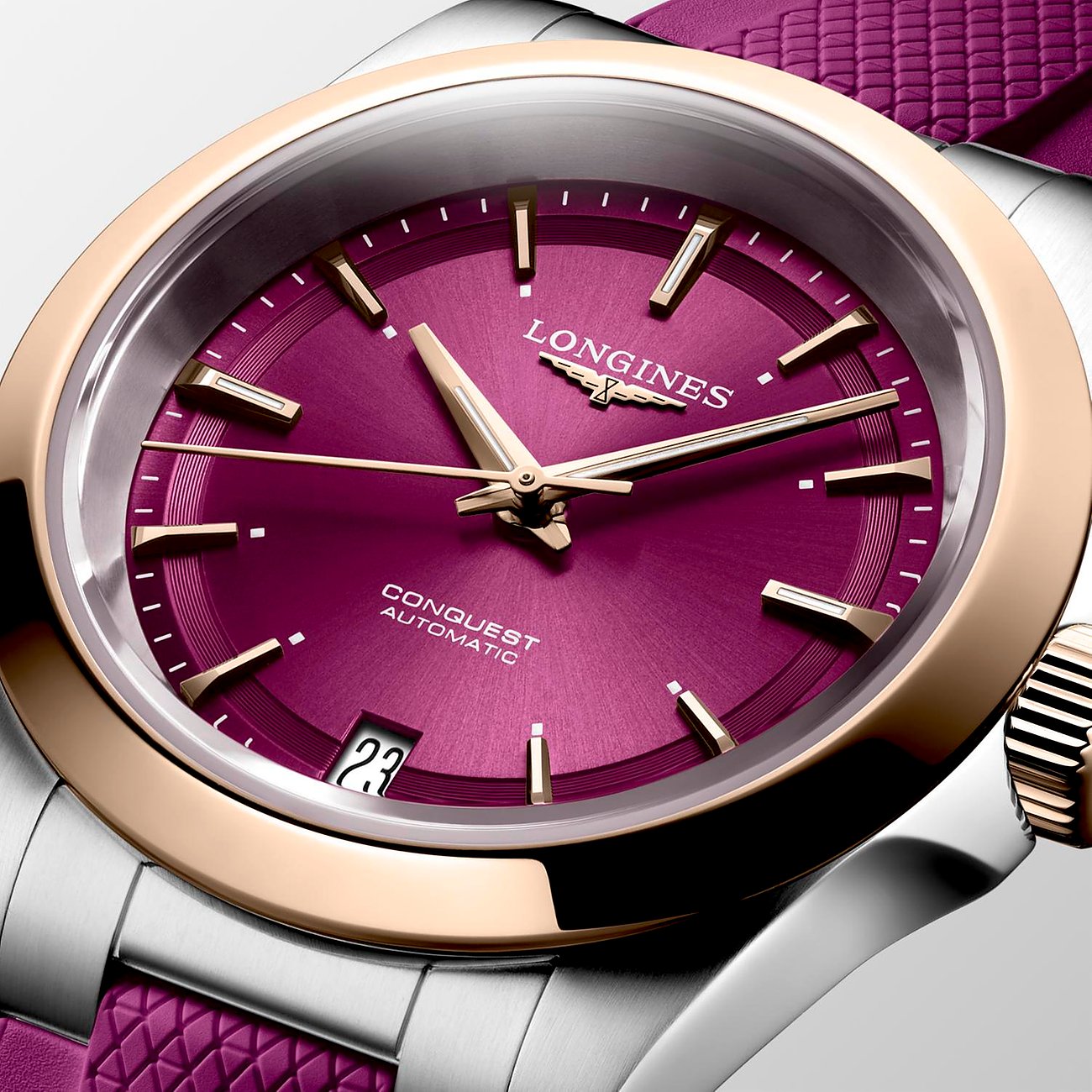 Longines Damenuhr aus Edelstahl und 750 Roségold, analog, mit Datumsanzeige.