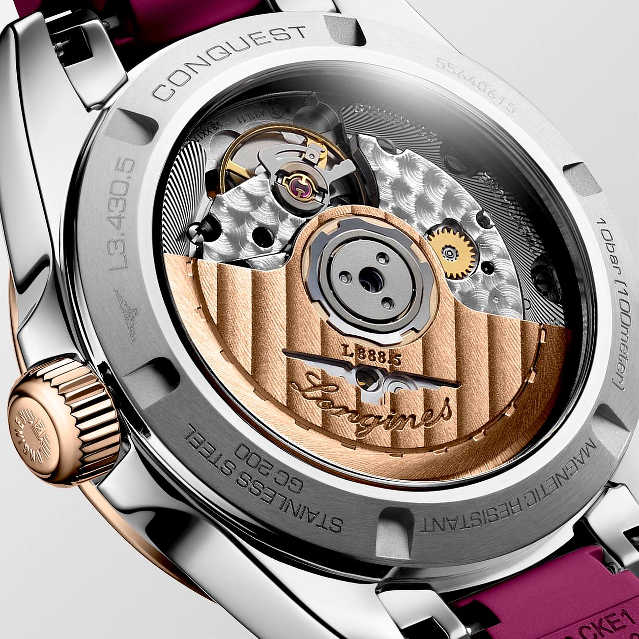 Longines Conquest Damenuhr mit Edelstahlgehäuse und Roségold-Elementen, Automatikwerk.