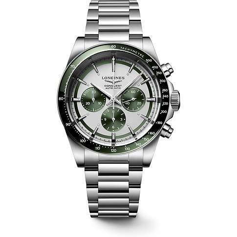 Longines Herrenuhr mit Edelstahlgehäuse, grüner Lünette und silbernem Zifferblatt.