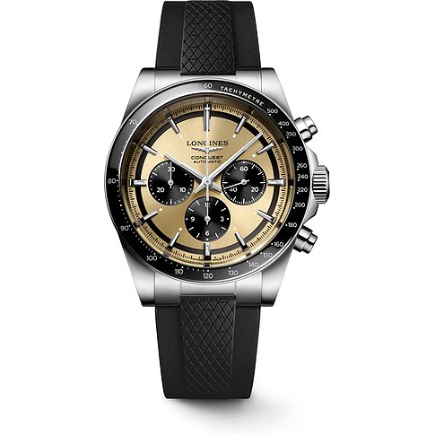 Longines Herrenuhr mit Edelstahlgehäuse, goldenem Zifferblatt und Keramiklünette.