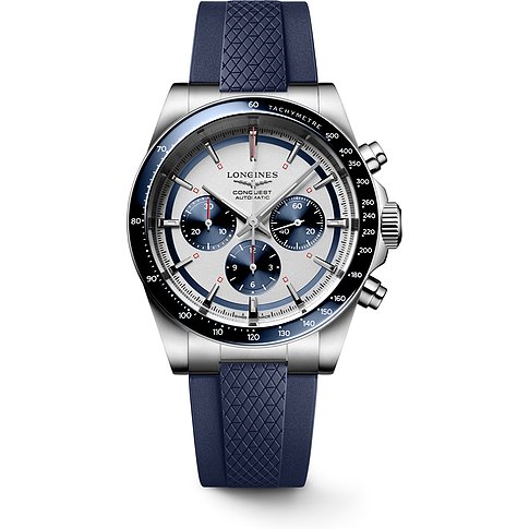 Longines Herrenuhr mit Edelstahlgehäuse, Keramiklünette und blauem Armband.