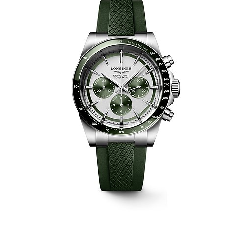 Longines Herrenuhr mit Edelstahlgehäuse, Keramiklünette und grünen Zifferblättern.
