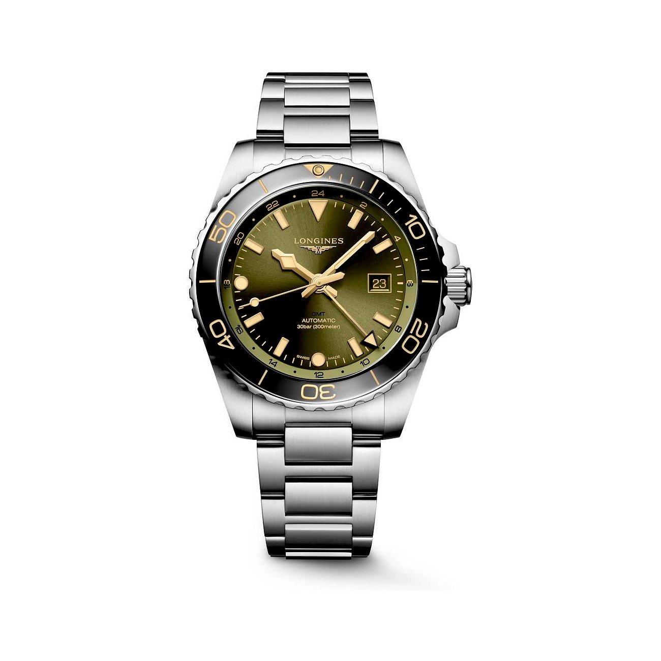 Longines Herrenuhr mit Edelstahlgehäuse und schwarzer Keramiklünette, olivgrün.