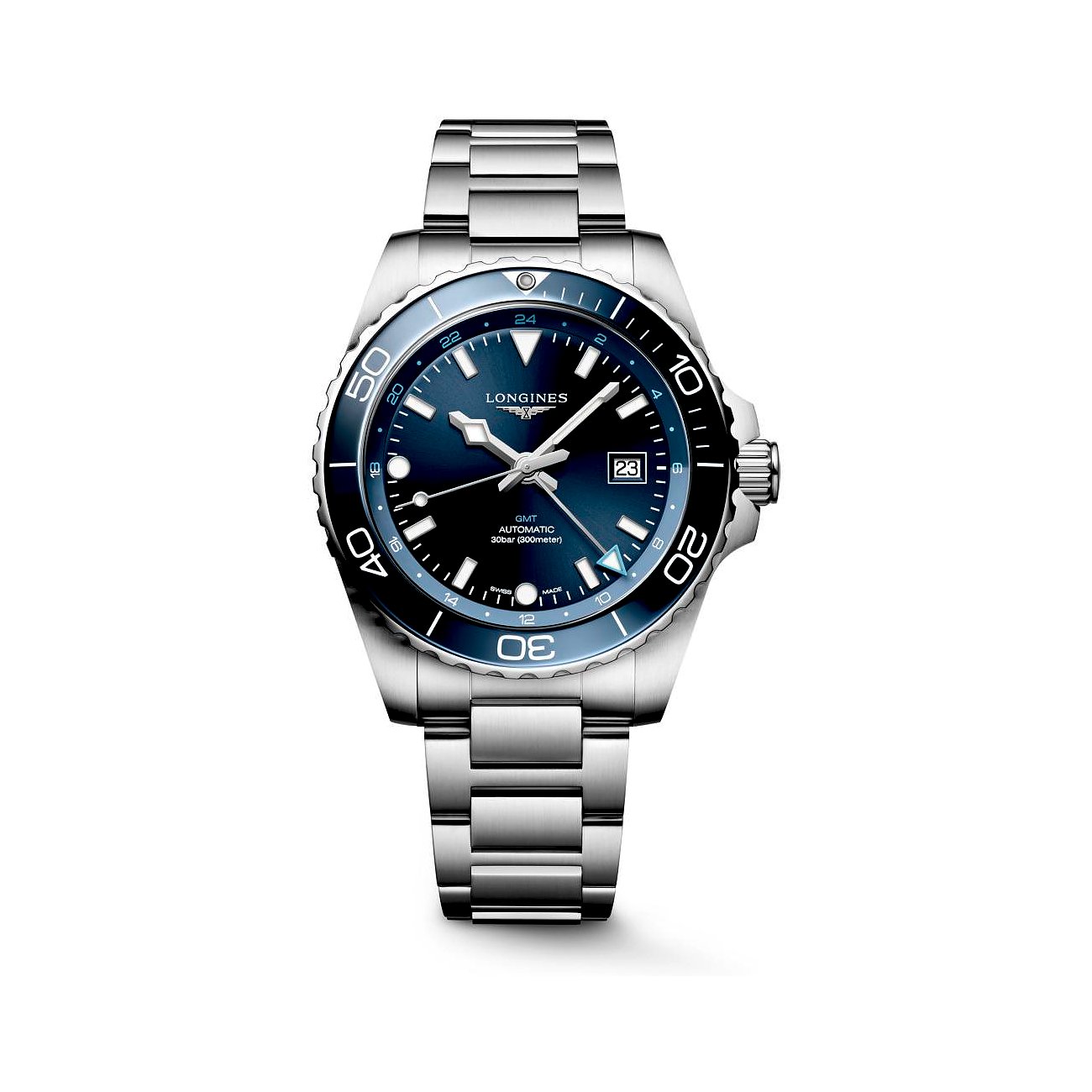 Longines Herrenuhr mit Edelstahlgehäuse, blauem Zifferblatt und Keramiklünette.