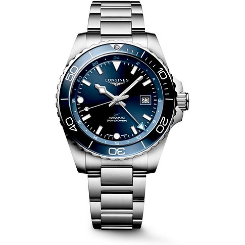 Longines Herrenuhr mit Edelstahlgehäuse, blauem Zifferblatt und Keramiklünette.