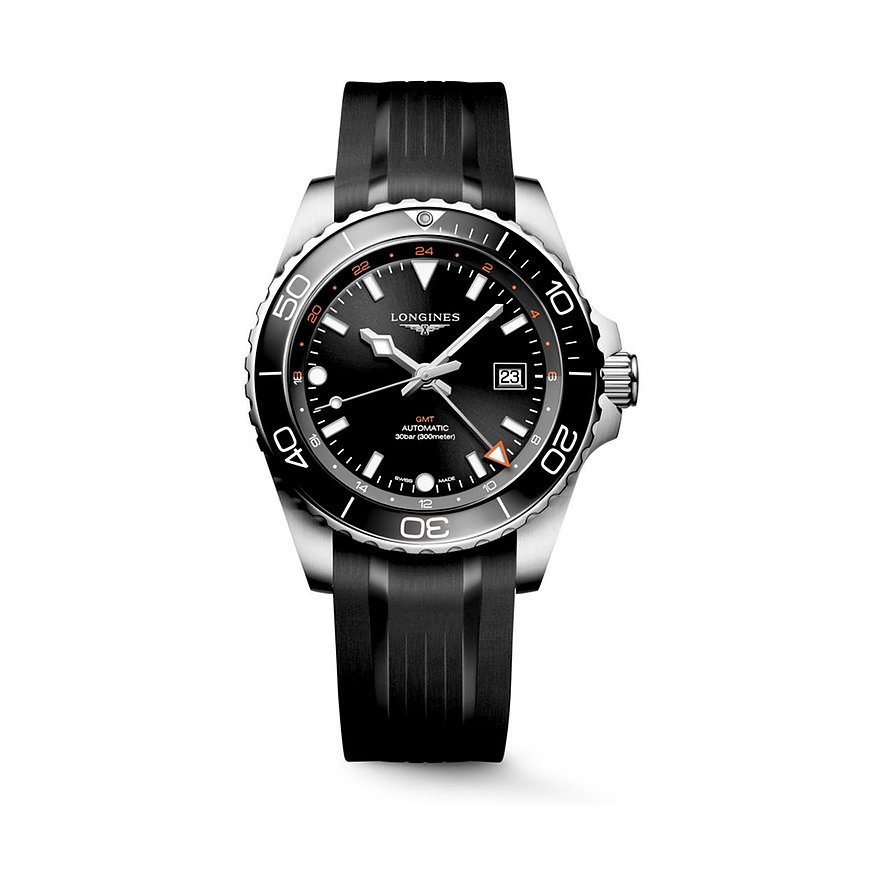Longines Herrenuhr Hydroconquest GMT L38904569, Herren, Edelstahl, Keramik, Armband: Kautschuk, Automatik, analog