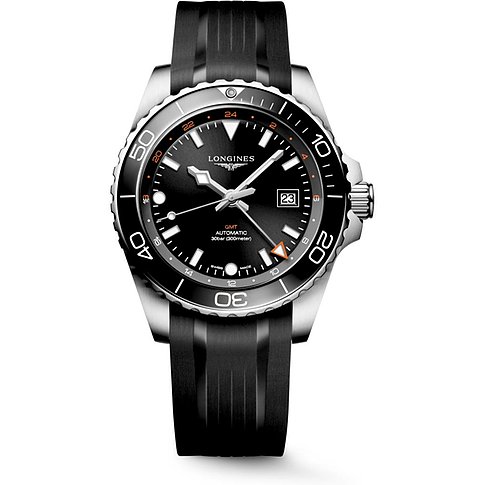 Longines Herrenuhr mit Edelstahlgehäuse, schwarzem Zifferblatt und Keramiklünette.