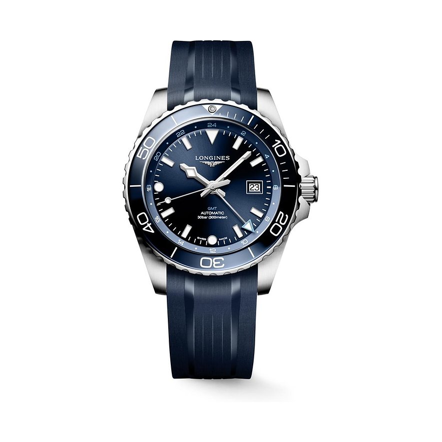 Longines Herrenuhr Hydroconquest GMT L38904969, Herren, Edelstahl, Keramik, Armband: Kautschuk, Automatik, analog