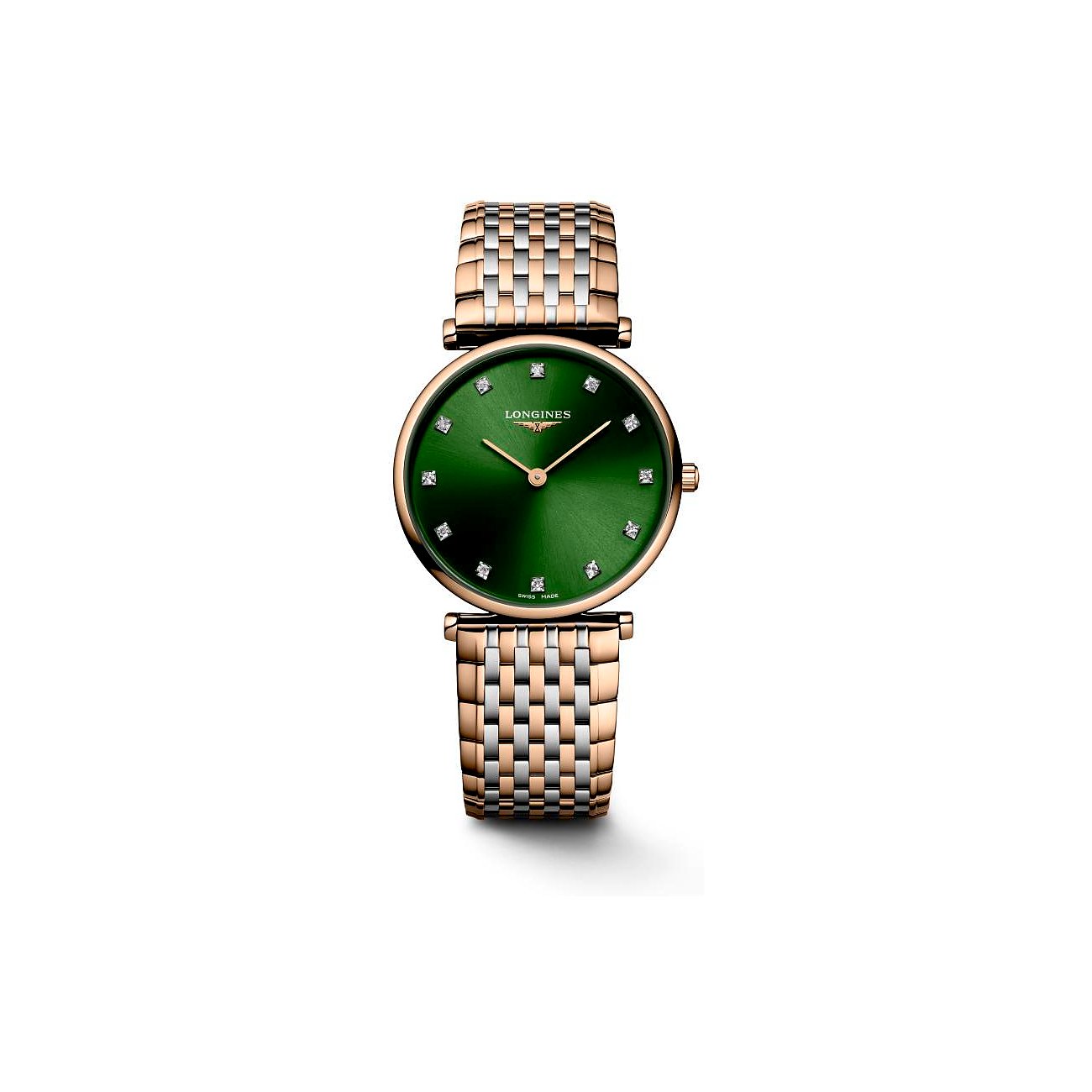 Longines Damenuhr mit Edelstahlgehäuse, bicolor, mit Diamanten und grünen Zifferblatt.