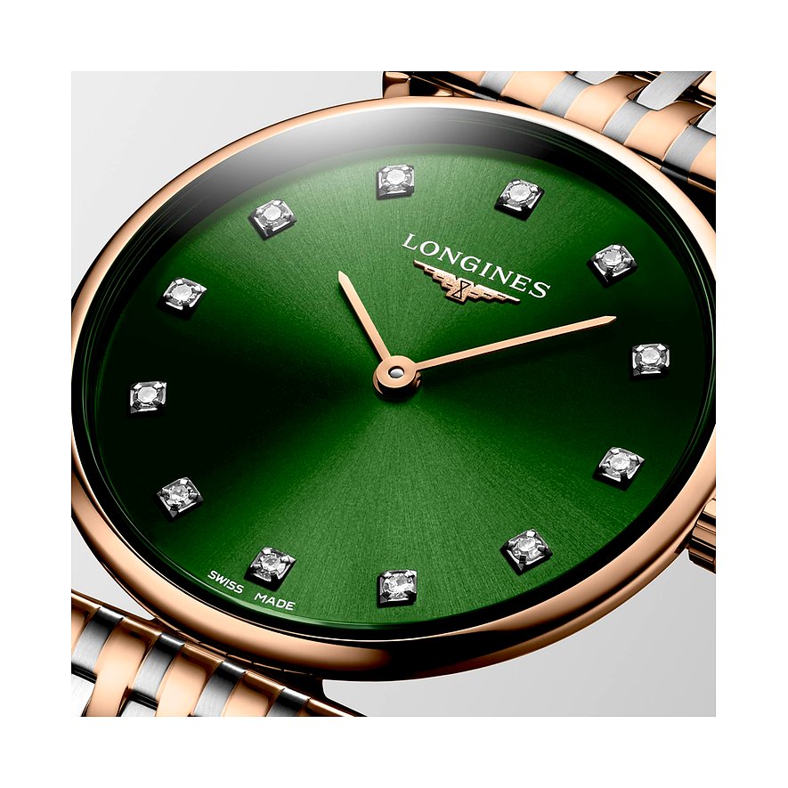 Longines Damenuhr mit Edelstahlgehäuse, grünem Zifferblatt und Diamanten.