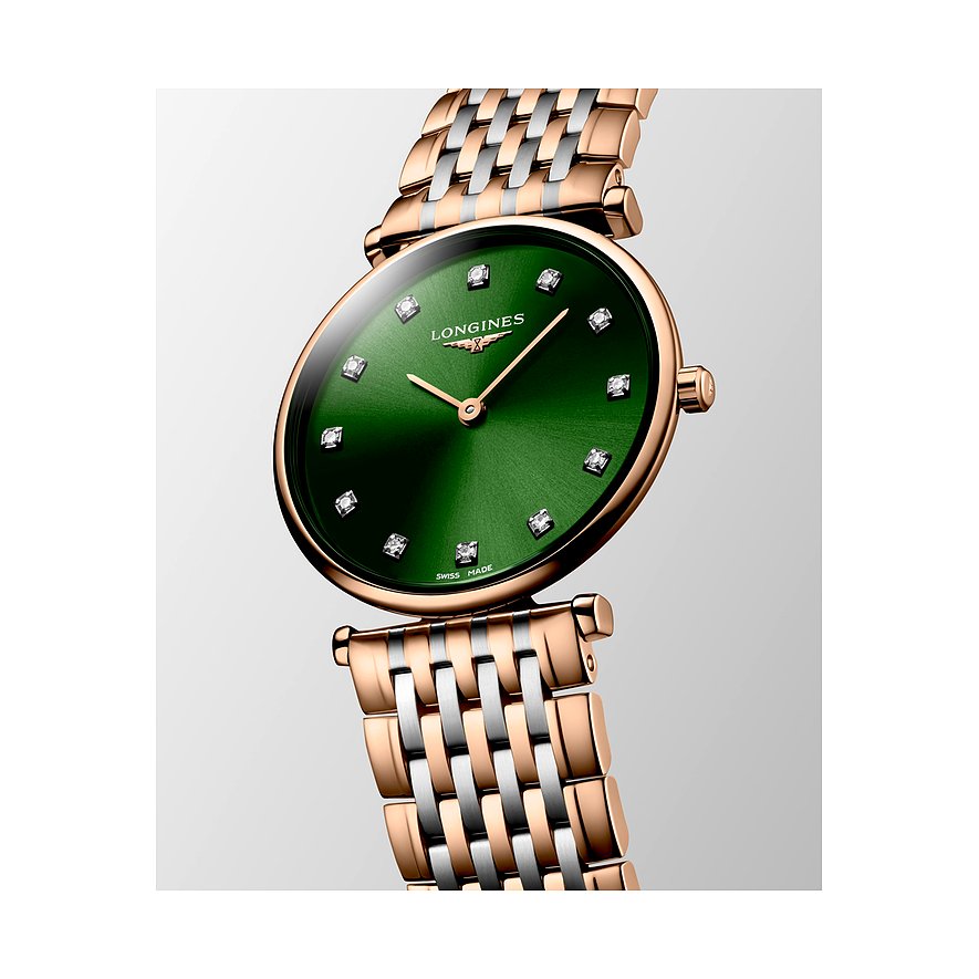 Longines Damenuhr aus bicolor Edelstahl mit grünen Zifferblatt und Diamanten.