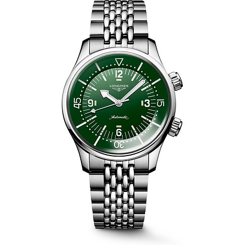 Longines Herrenuhr mit Edelstahlgehäuse, Automatik, grünes Zifferblatt.