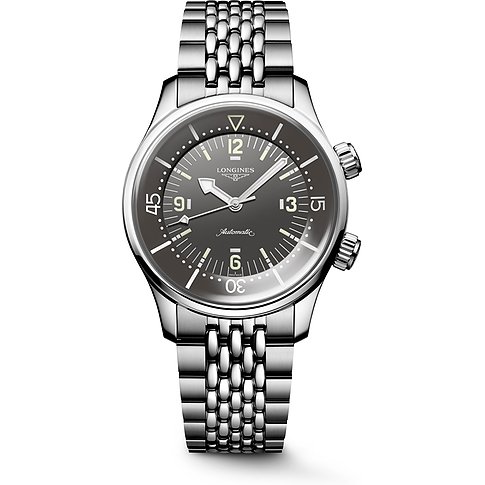 Longines Herrenuhr mit Edelstahlgehäuse, grauem Zifferblatt und Automatikwerk.