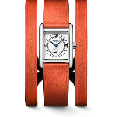 Longines Damenuhr mit Edelstahlgehäuse, weißem Zifferblatt und orangenem Lederarmband.