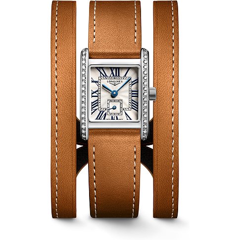 Longines Damenuhr mit Edelstahlgehäuse, besetzt mit Diamanten, mit braunem Lederarmband.