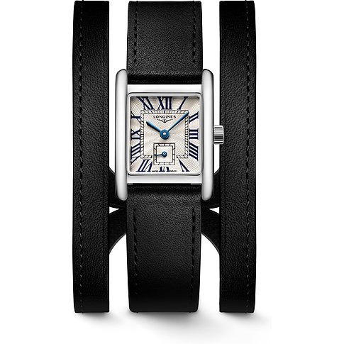 Longines Damenuhr mit Edelstahlgehäuse, analogem Zifferblatt und Lederarmband.